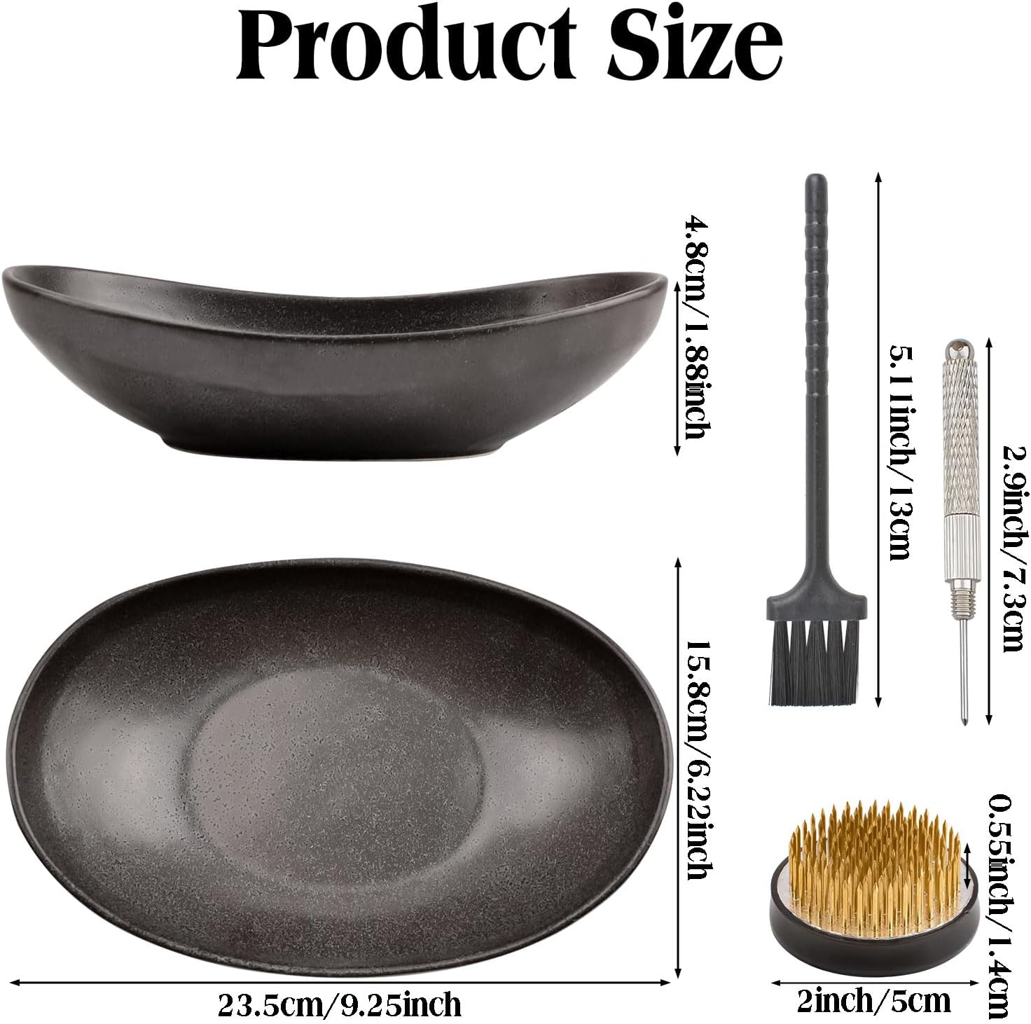 WANDIC Black Flower Arranger Supplies, Ingot Shaped Bowl & 5cm Floral Frog for Ikebana Ceramic Floral Vase for Plant Arranging Floristry Container