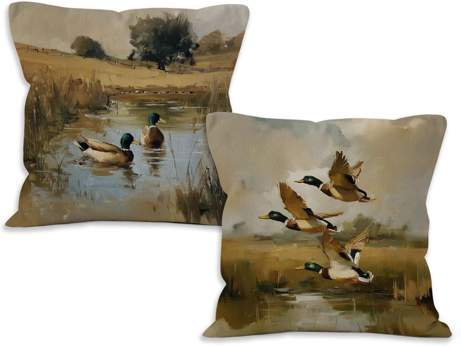 Mallard Duck Throw Pillow Covers 18x18 Set of 2, Bird Mallard Duck Hunting Decor, Farmhouse Hunting Bird Pillow Covers for Home Bedroom Couch