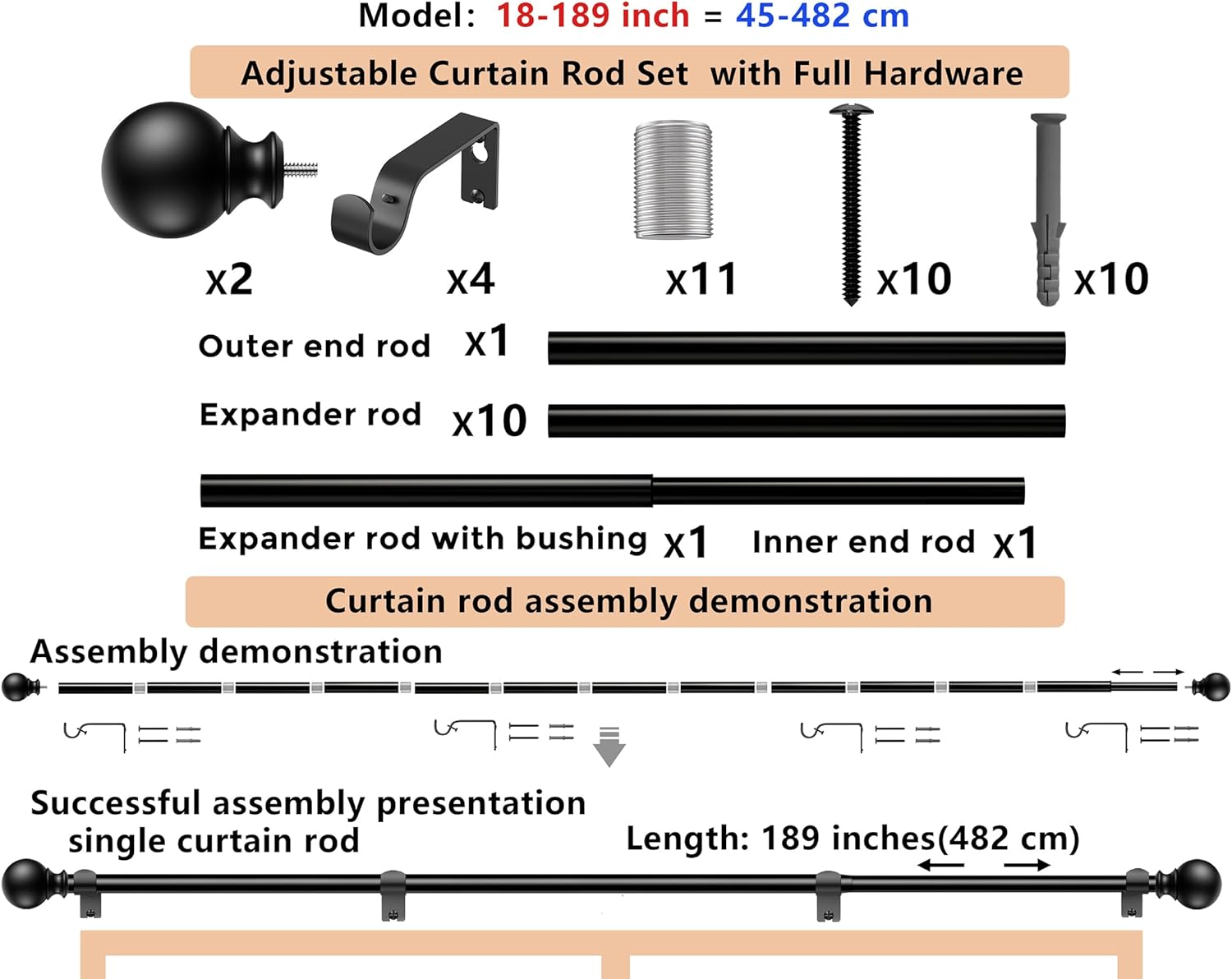 Curtain Rods 189 Inch for Window 180 Inch, Adjustable Length Heavy Duty Decorative Finials Diameter 7/8 inch Black 15 ft