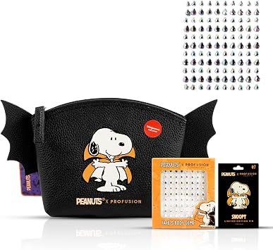 Profusion Cosmetics Peanuts Snoopy Cosmetic Bag with Face & Body Gems and Exclusive Enamel Pin - Spacious Storage Bag with Sparkling Self-Adhesive Diamond Shape Gems and Limited Edition Pin Makeup Set