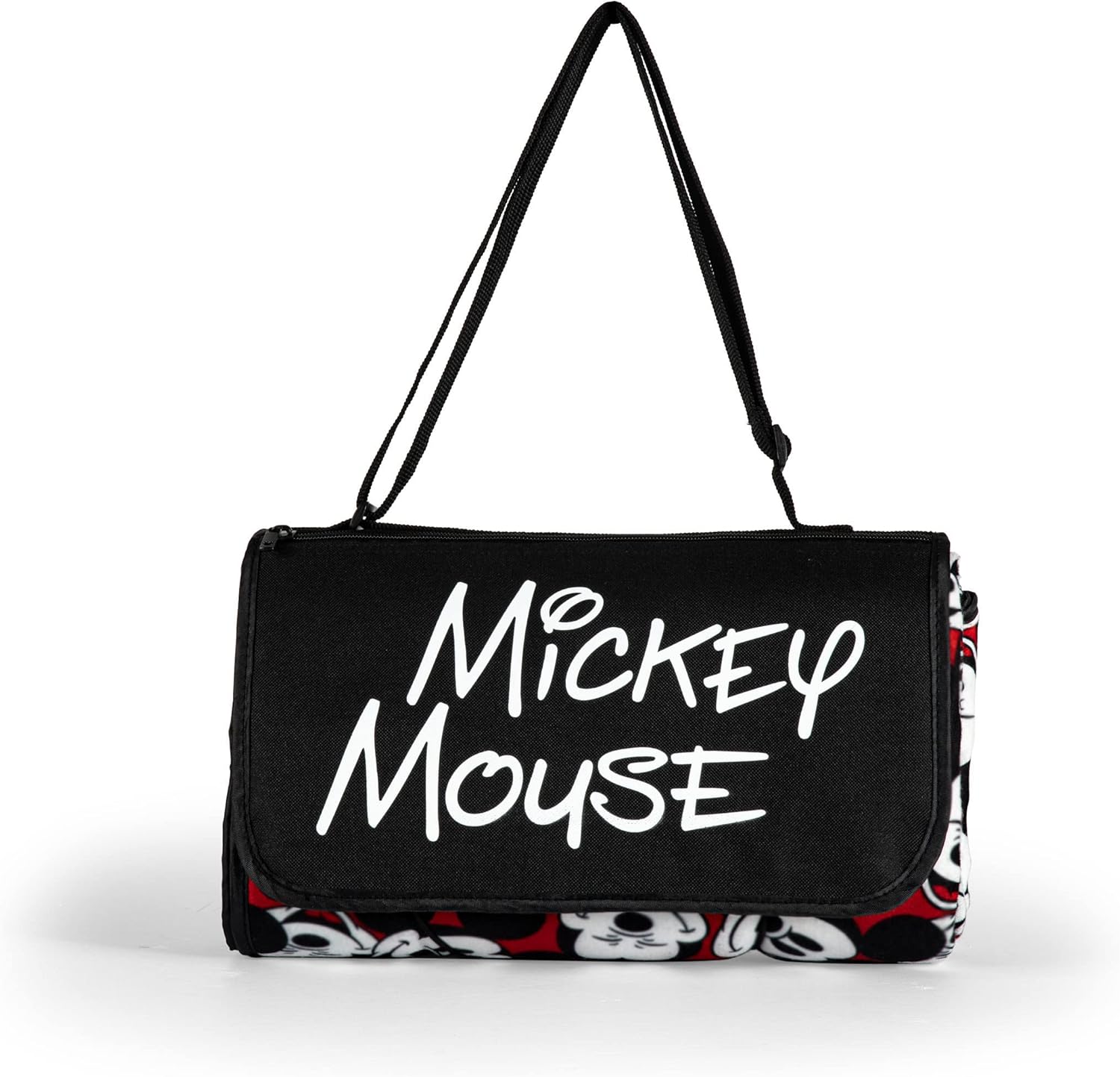 Picnic TIME Disney Mickey Mouse Blanket Tote Picnic Blanket, Folding Outdoor Beach and Camping Blanket with Carry Tote and Zipper Pocket, Water Resistant Fleece, (Red with Black Pattern)