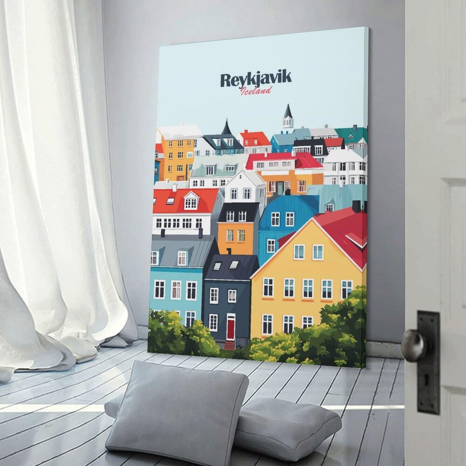 Junmoney Frame-Style-17 Wall Picture Print Reykjavik Cityscape, 20X30inch(50X75cm), For Contemporary Homes, Apartments Or Offices, Decorative Canvas Decor For Home Updates