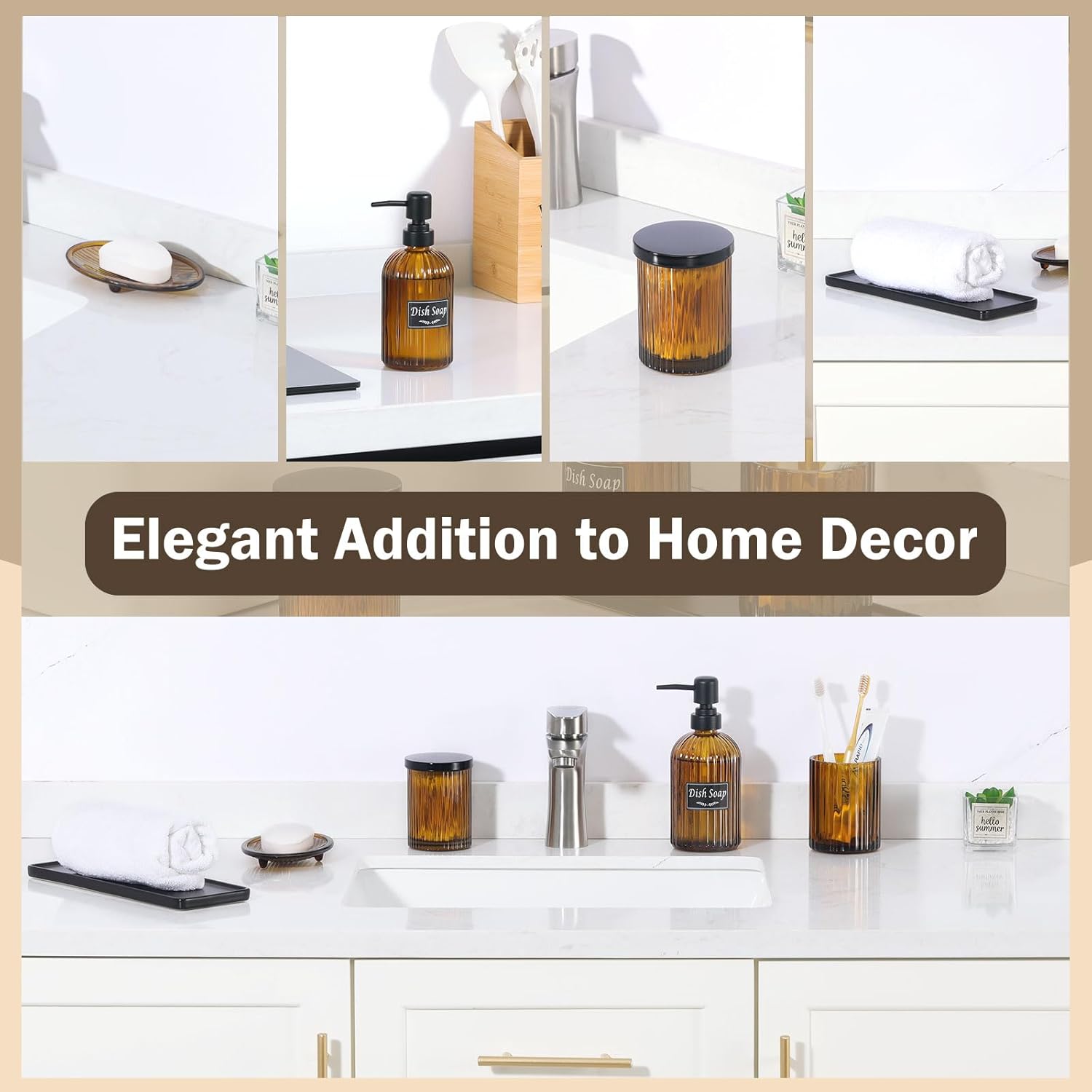 Shinowa Glass Bathroom Accessories Set, 5 Piece Luxury Bathroom Set with Soap Dispenser, Toothbrush Holder, Qtip Holder with Lid, Soap Dish & Tray, Modern Vanity Countertop Organizer, Brown + Black