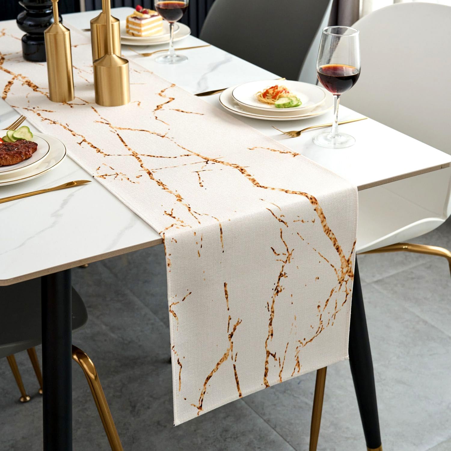Jayusaror Table Runner White and Gold Modern Dining Table Centrepiece Marble Textured Abstract Art Washable Farmhouse Small Table Runner for Coffee Dining Dresser End Table Bedroom 40 x 140 cm - Image 2