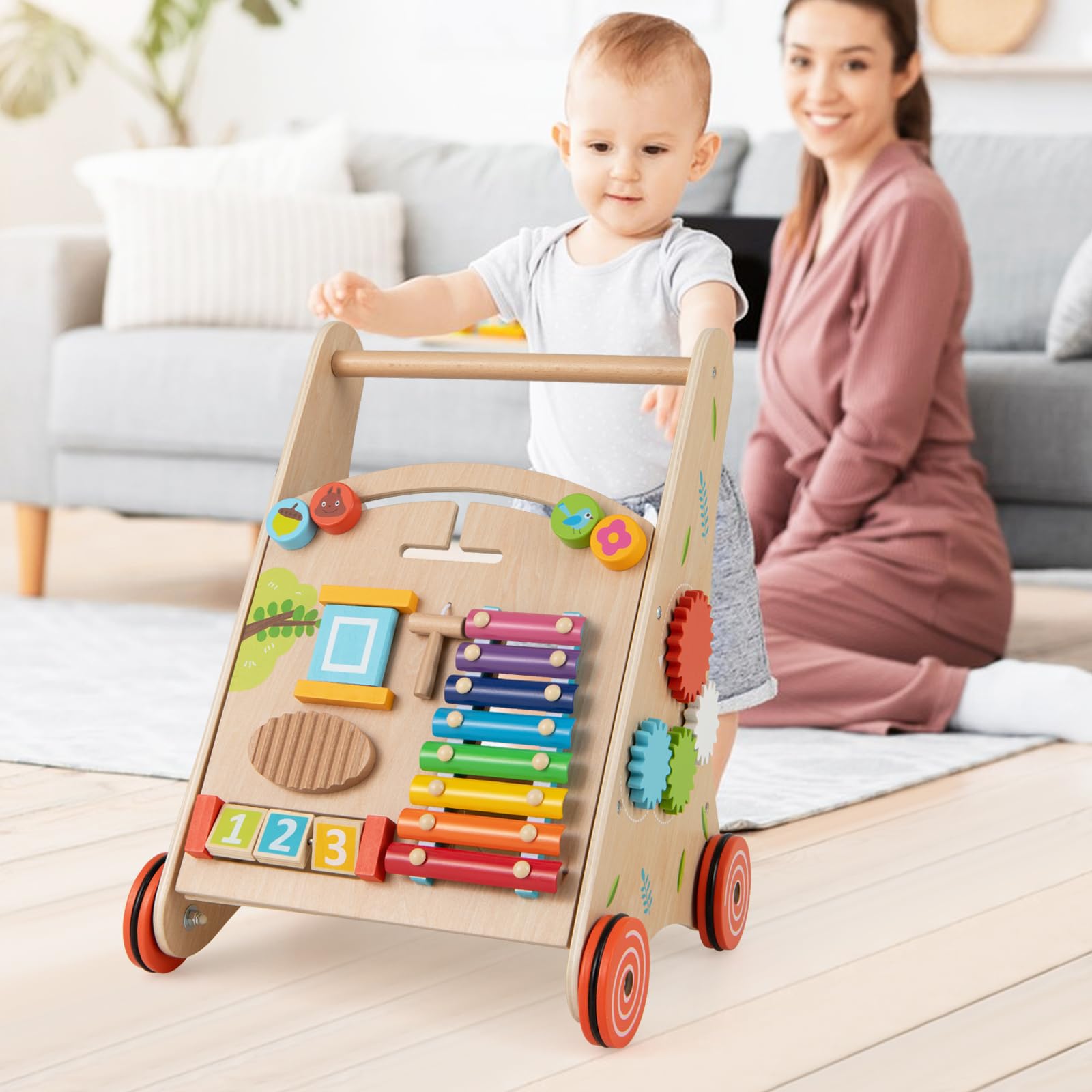 LIFEZEAL Girello Neonato in legno, Primi Passi per Bambini con Giocattoli Montessori, Carrello Primi Passi con Ruote, Gioco per Camminare, Carrellino con Banco da Lavoro per Bimbi da 12 Mesi (B)