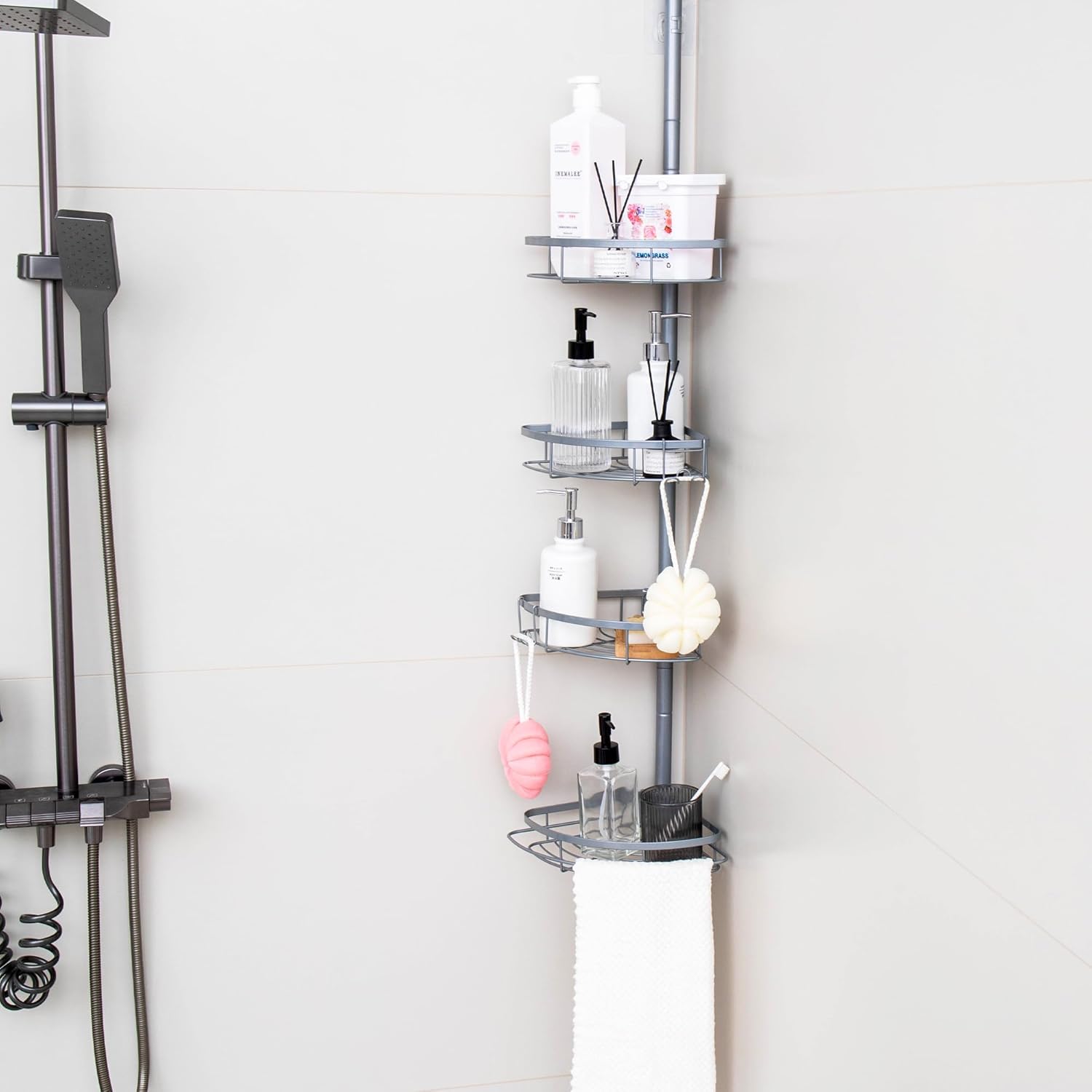 Faxterno Rustproof Stainless Steel Shower Caddy Corner Organizer - Adjustable 29 5-108 Tension Pole with 4 Shelves Non-Slip