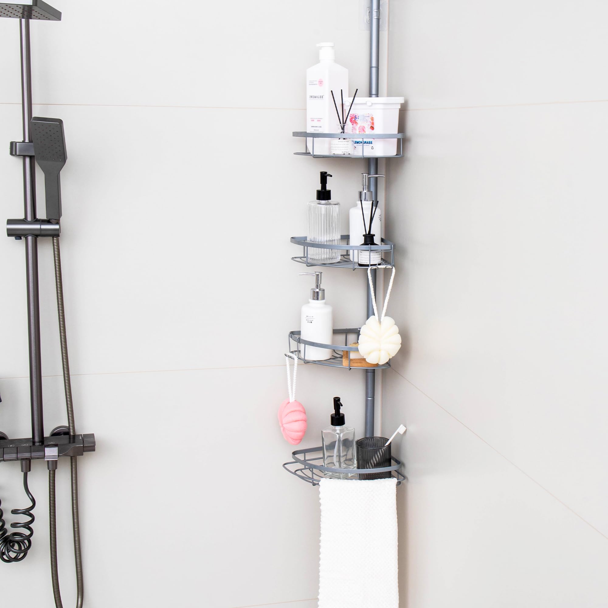 Faxterno Rustproof Stainless Steel Shower Caddy Corner Organizer - Adjustable 29 5-108 Tension Pole with 4 Shelves Non-Slip