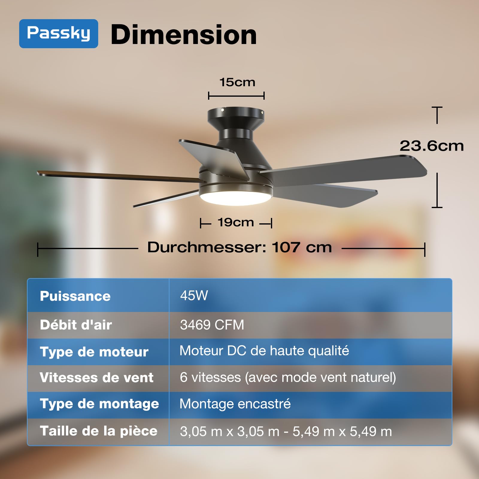 Passky 107cm Deckenventilator mit Beleuchtung & Fernbedienung, leiser DC-Motor, 6 Geschwindigkeiten, Dimmbare LED-Leuchte, 3 Farbtemperaturen Schwarz