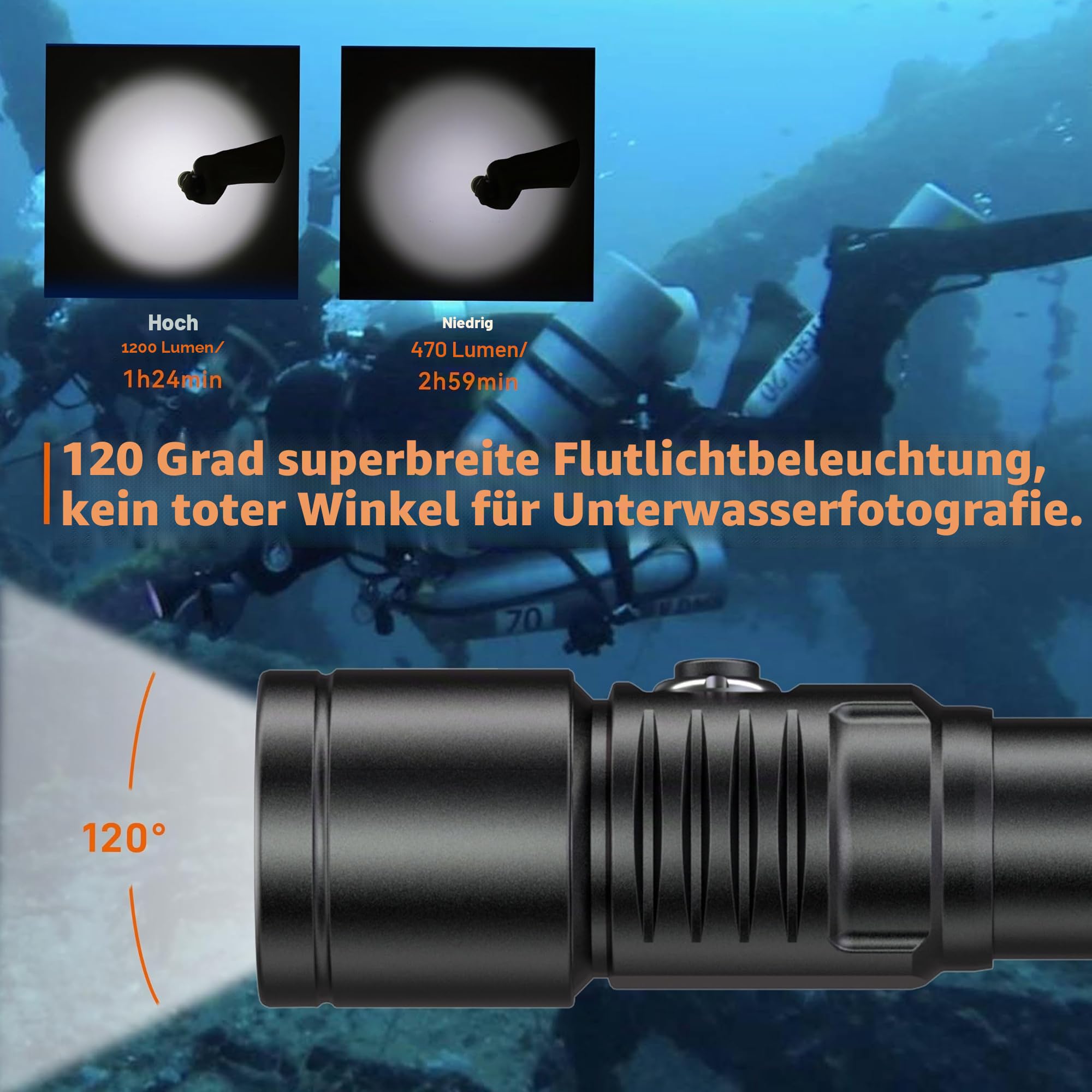 ORCATORCH D530V Tauchlampe, 1200 Lumen Tauchen Video Licht 120 Grad Super Wide Beam Angle, Unterwasser 150 Meter IP68 Wasserdicht Fotografie Licht mit Kugelgelenk