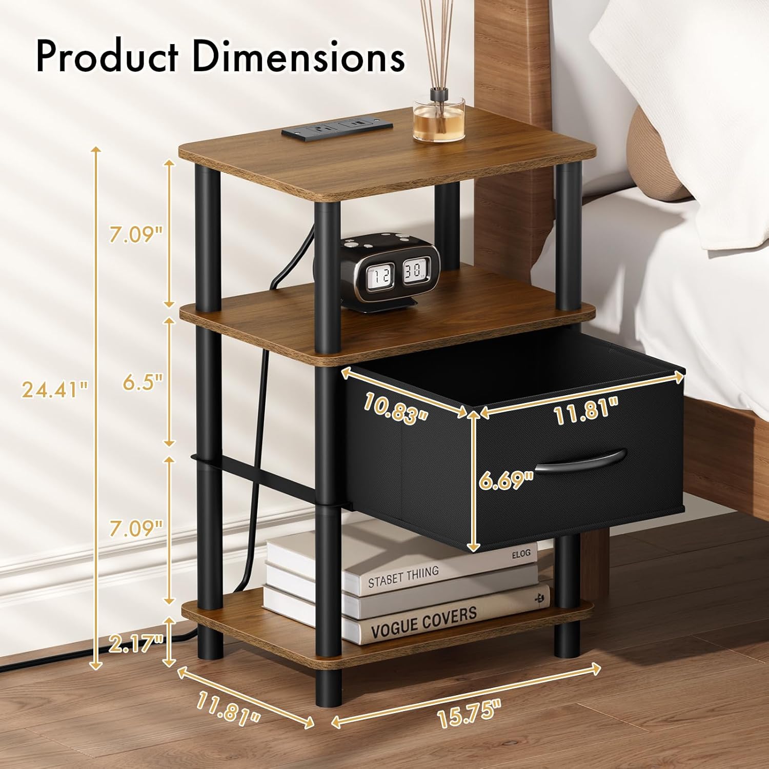 Bedroom Nightstand with Charging Station, Bedside Table with Adjustable Fabric Drawer, 3-Tier Night Table, 2-Min Installation Without Tools, Bedroom Side Table, Rustic Brown and Black