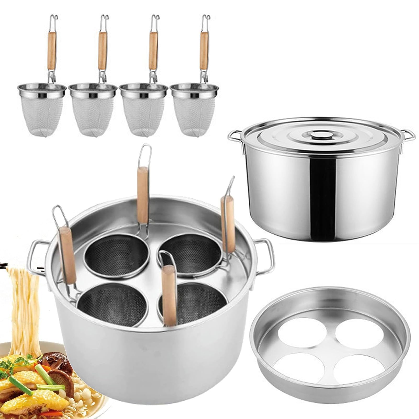 JYBNBBE Stainless Steel Noodle Boiler with Divider and Strainer - Multifunctional Pasta Cooker for Home and Restaurant Kitchens,C-4 Holes