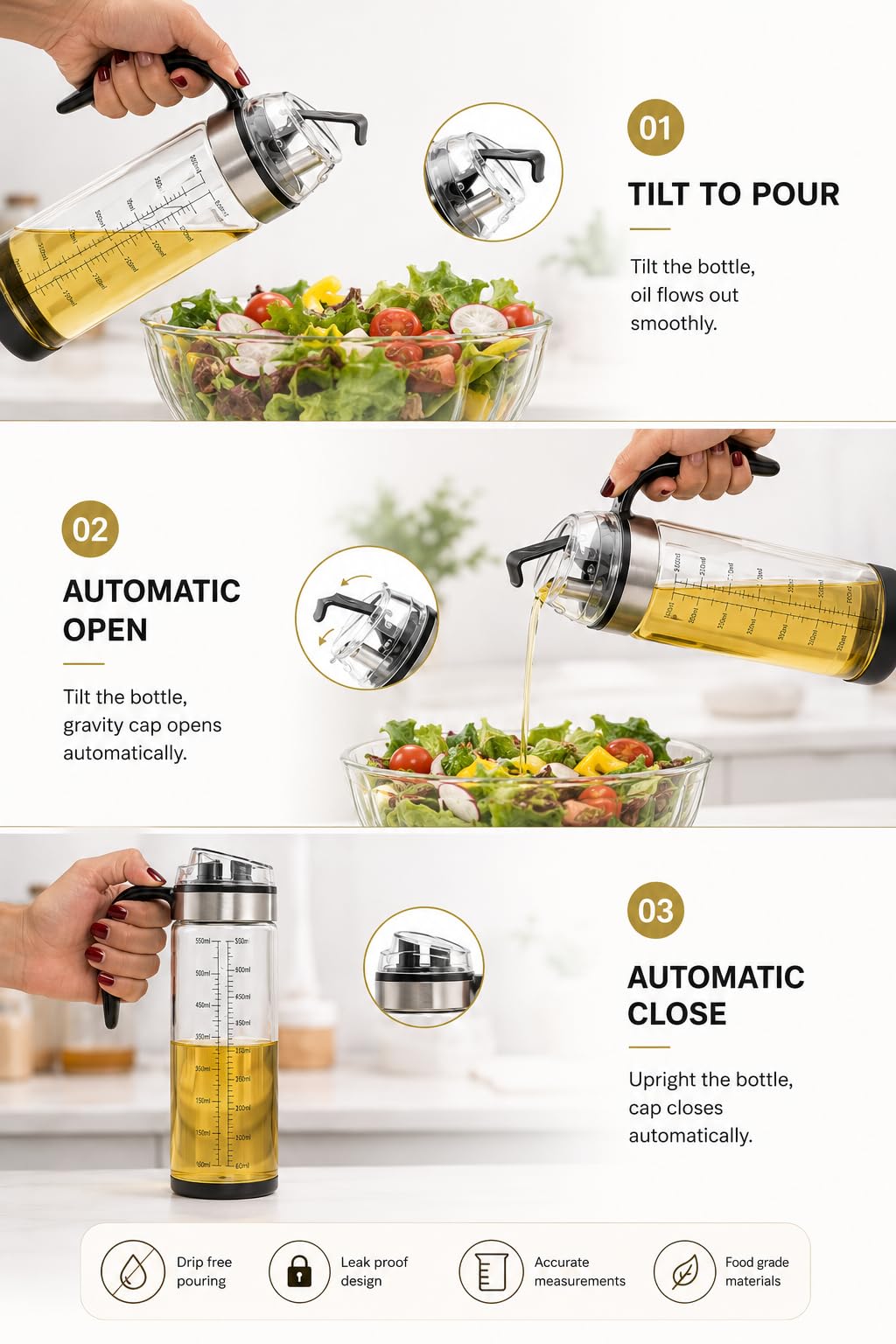 Femora Oil Dispenser | Glass Oil Bottle | 1 Year Warranty | Cooking Oil Dispenser 500ml Pack of 1 Oil Bottle 3