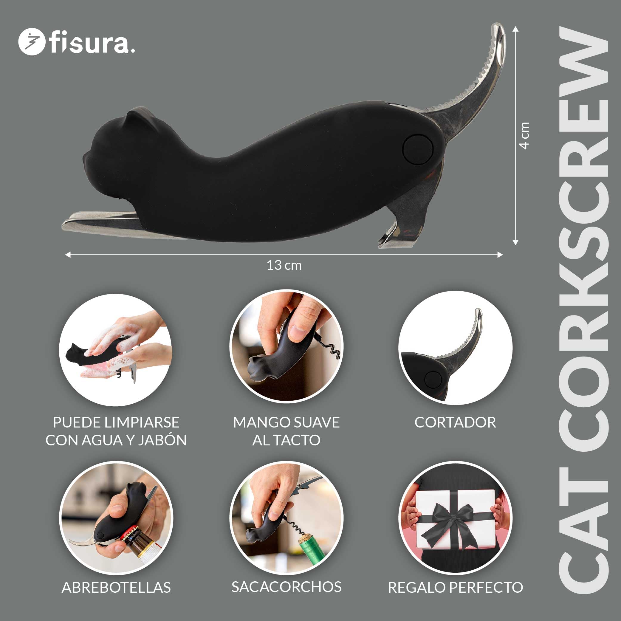 Fisura - Sacacorchos original “gato”. Sacacorchos de acero inoxidable con cuchilla corta cápsulas. Abridor de vino divertido. Abridor de cerveza para regalo.