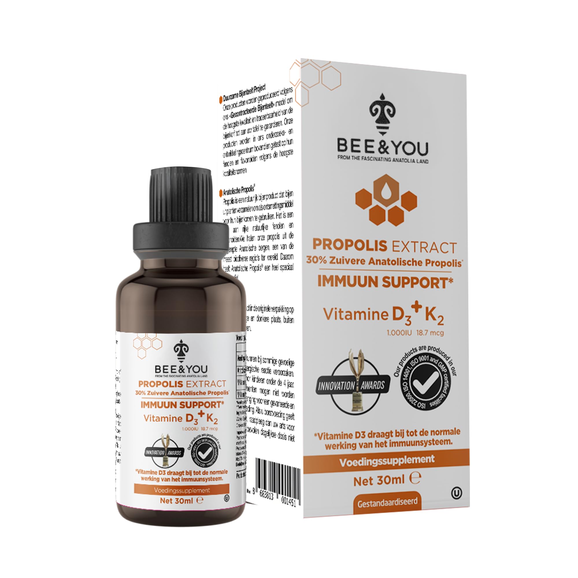 BEE and You 100% Natural Propolis Extract | Vitamin D3 K2 High Potency, Immune Support Supplement, Antioxidants, Natural Detox, Keto, Paleo, Gluten-Free | 1 Fl Oz