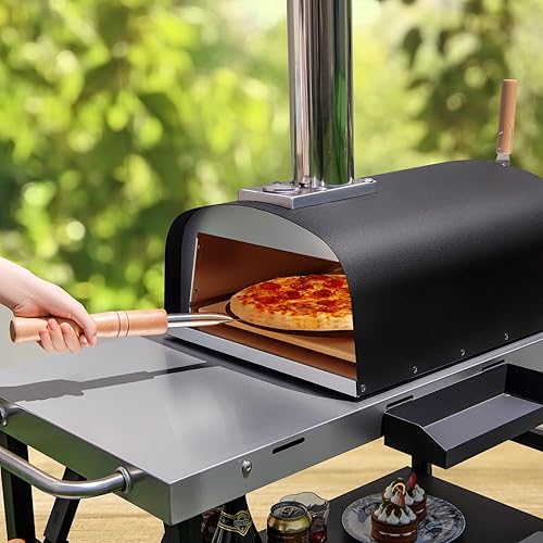 Miniatura 2 de HAPPYGRILL Horno de pizza al aire libre, multicombustible portátil de leña y gas con termómetro integrado, patas plegables, piedra para pizza,