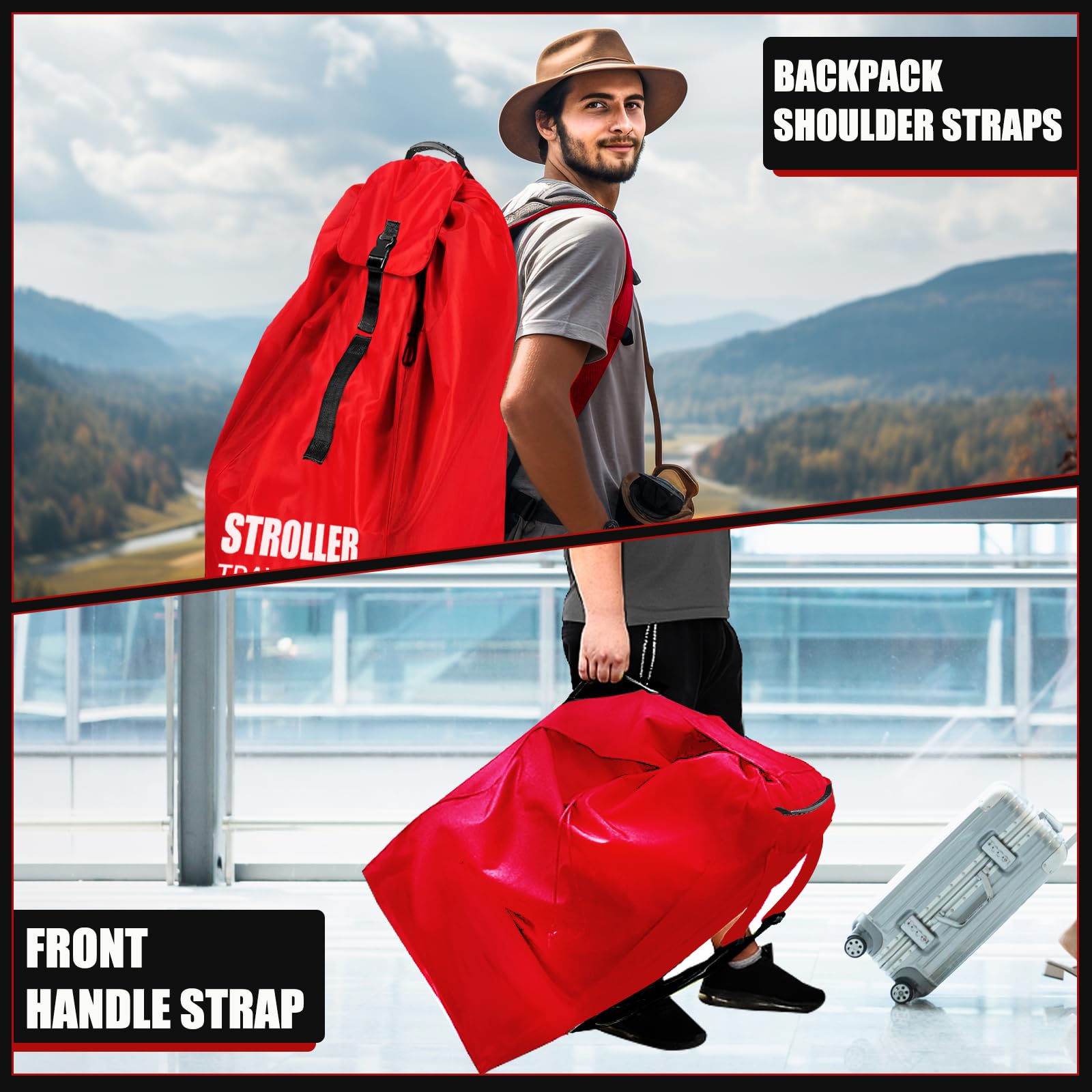 Bolsa para cochecito de avión | Correas acolchadas ajustables y tela de doble parte inferior, bolsa de viaje para cochecito de avión individual y doble, bolsa de viaje para avión