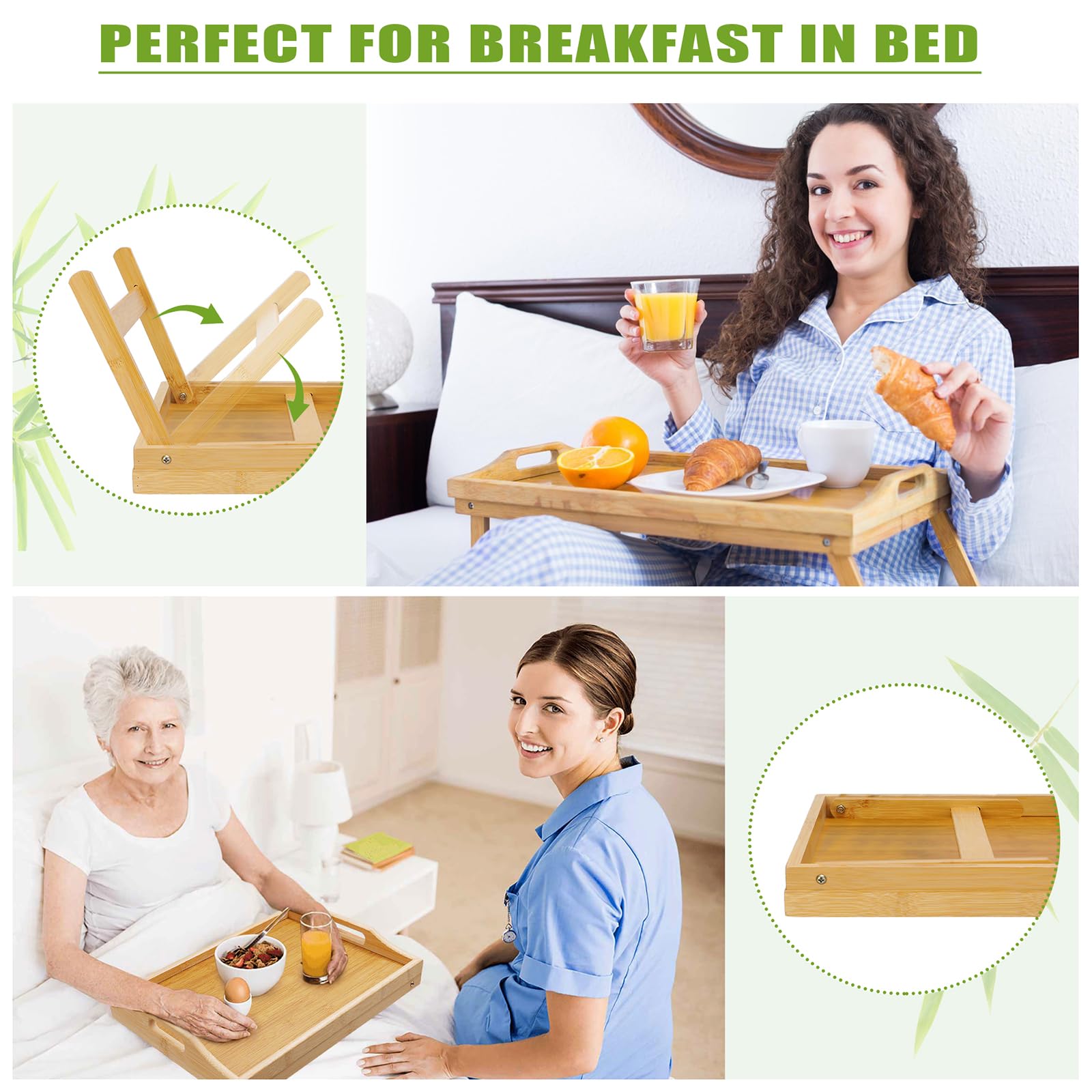 TOPULORS Bandeja de desayuno en la cama con patas plegables, bandeja de bambú de 15.7 x 11.8 pulgadas, mesa de cama plegable para comer, trabajar, soporte para tableta y laptop, bandeja de aperitivos