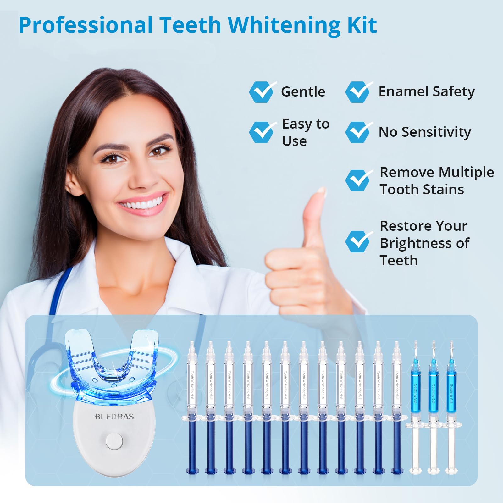 Kit Blanchiment Dentaire - Bledras Dents Blanches Professionnel avec 12 Gel Blanchiment, 3 Gel Apaisant, Plateau Dent- Soins Dentaires à Domicile en 20 Minutes (Set A)