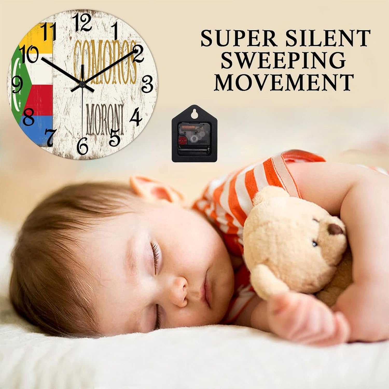 Comoros National Flag Round PVC Wall Clock Comoros Moroni Quiet Silent Wall Clock Aesthetic Decorative Clock for School Kitchen Office Wall Hanging 15 Inch