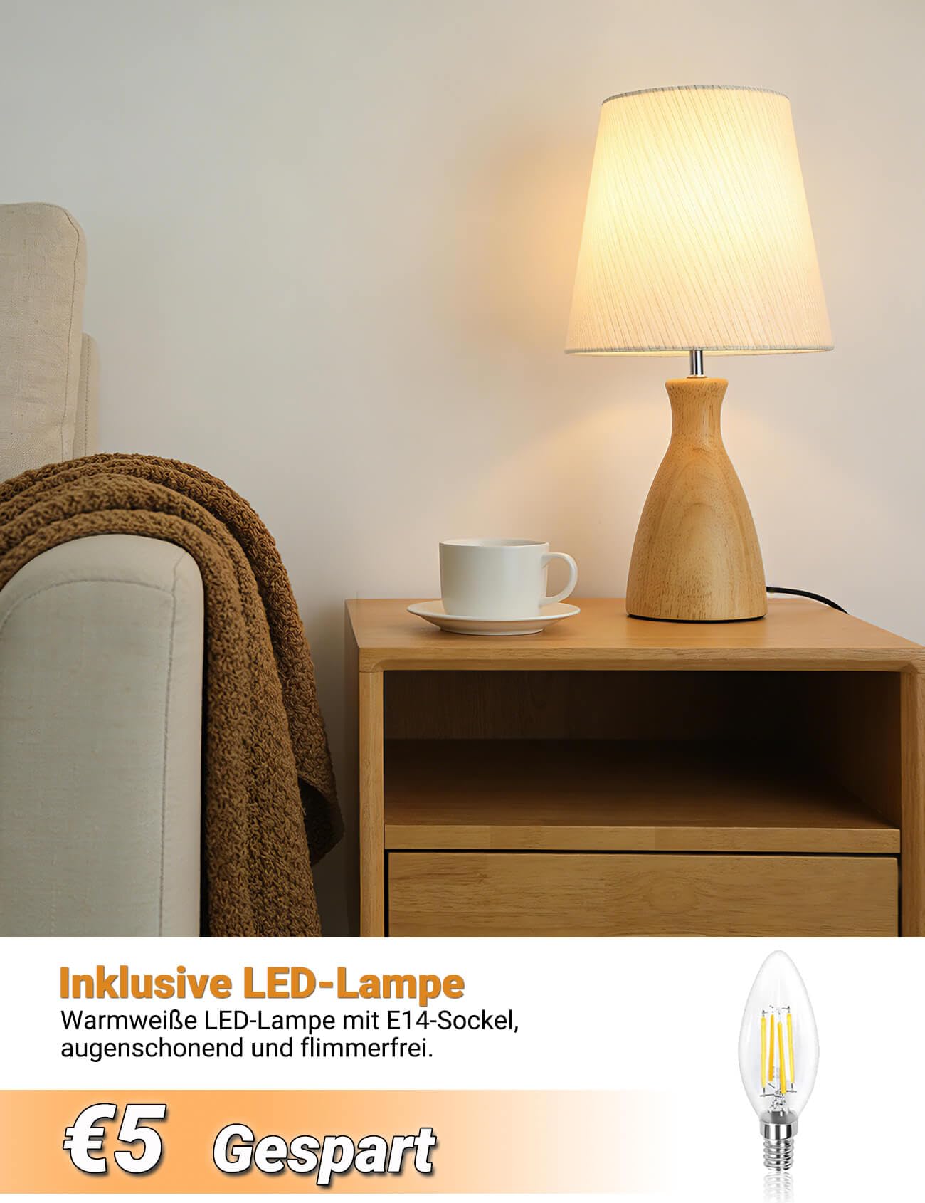 HSLighting Lampka nocna z drewna, lampa stołowa z kablem, regulowany włącznik/wyłącznik, złote nitki, abażur materiałowy, minimalistyczna lampa stołowa na stolik nocny do sypialni, salonu, prezent