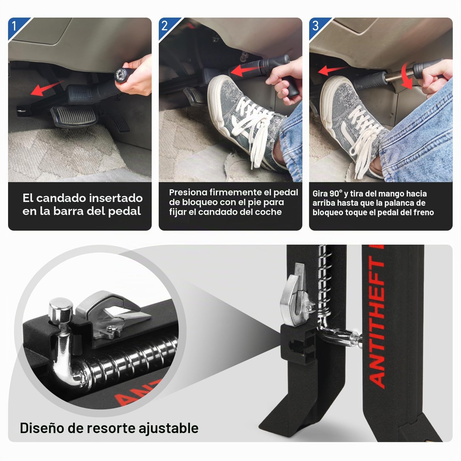 Bloqueo de pedal antirrobo para freno de coche, bloqueo de freno y embrague de acero inoxidable, antirrobo para coche SUV (16 a 35 mm)