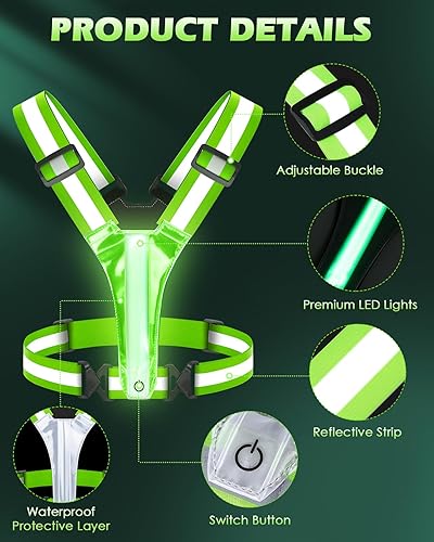 Vista 6 de Zacro LED Reflective Vest Running Gear, 5 Lights Colors High Visibility Reflective Running Gear Rechargeable Light Up Running Vest for Walking Verde