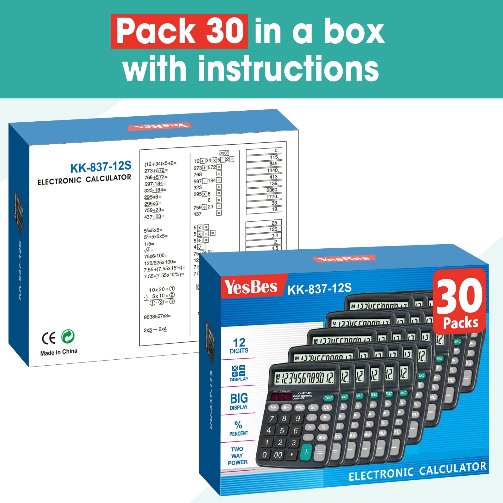 Paquete de 30 calculadoras a granel, calculadoras de 12 dígitos de escritorio con pantalla LCD grande y botón sensible, energía solar y batería, calculadora de escritorio