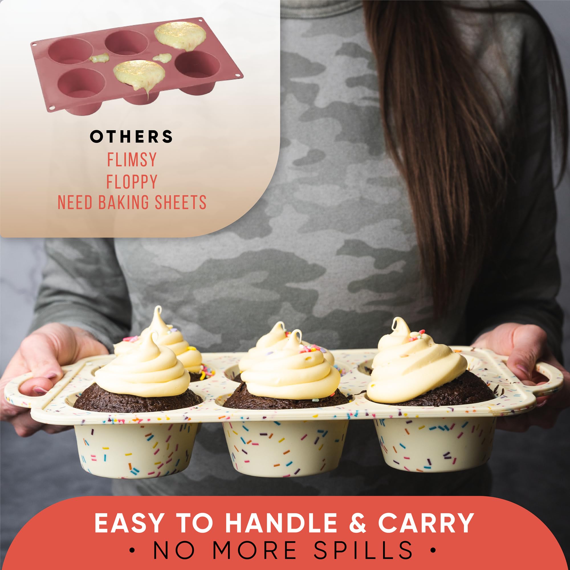 BAKE BOSS Konfetti Silikon Jumbo Muffinform 6 Cups, Antihaft-Cupcake-Formen zum Backen, robuste große Silikon-Muffinformen zum Backen, BPA-frei, leicht zu lösen, ofen- und spülmaschinenfest