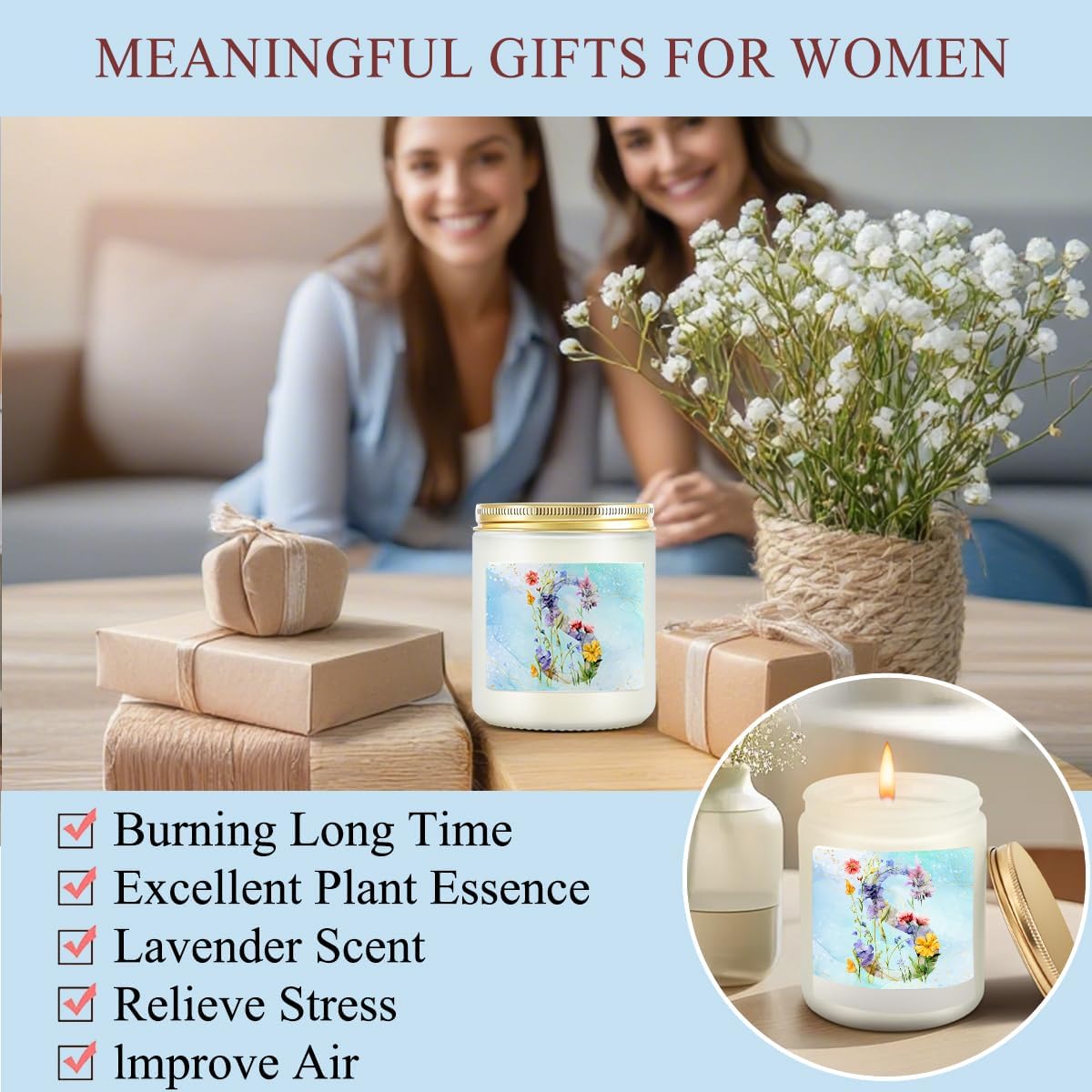 Personalized Gifts Monogrammed Birthday Gifts for Women, New Mom, Grandma Valentine's Day Thank You Christmas, Initial Wine Tumbler Makeup Bag Scented Candle Bracelet Set, (Aesthetic Blue Flower S) - Image 6