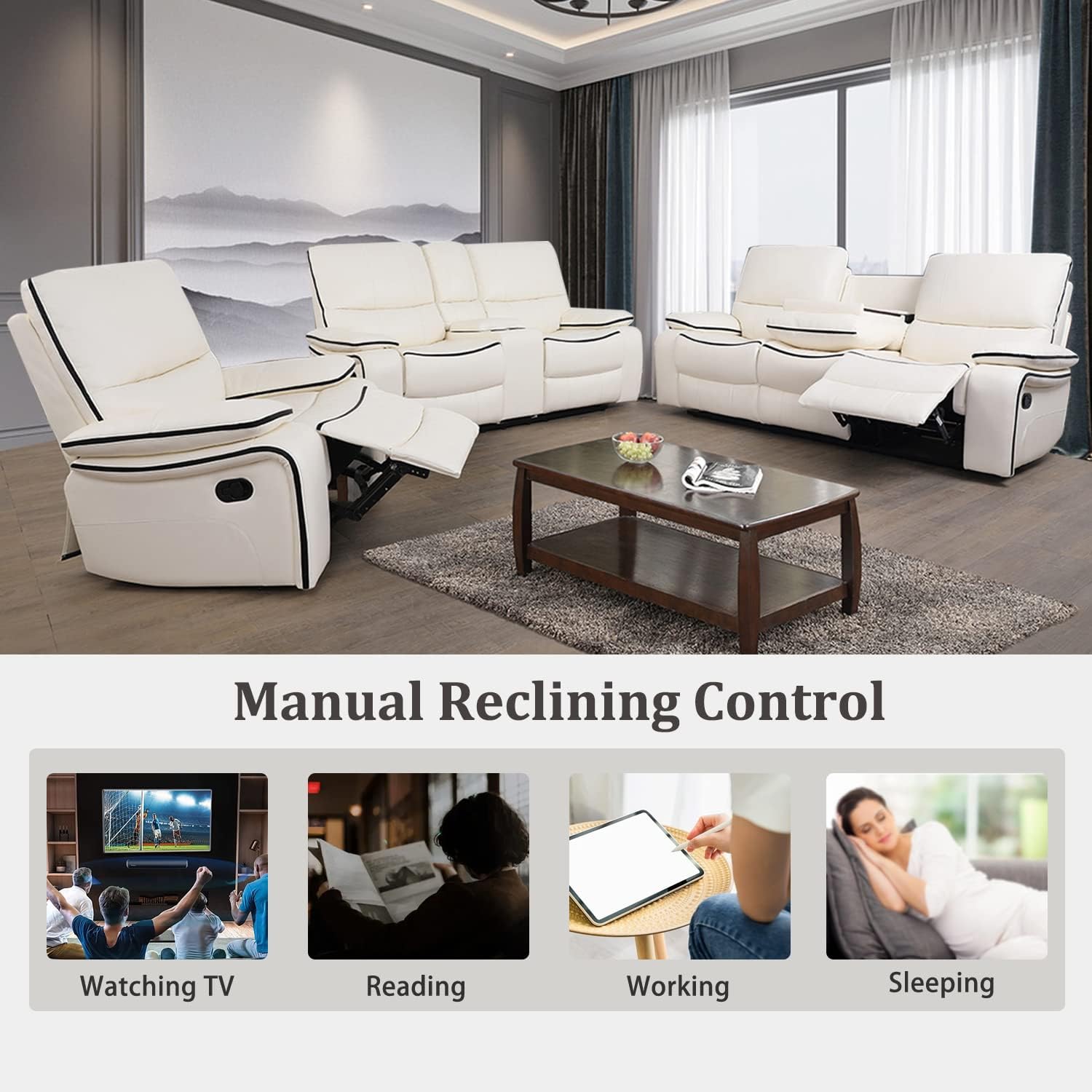 3 Piece Bonded Leather Recliner Sofa Set, Manual Reclining Sofa Set with Cup Holder&Storage, 3 Seat Sofa Recliner Couch and Chair for Living Room Furniture (Cream White)