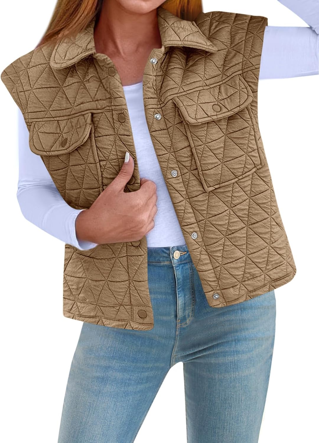 Cicy Bell Womens Lightweight Quilted Vests Cargo Button Down Cropped Sleeveless Jackets Fall Loose Fit Gilets with Pockets