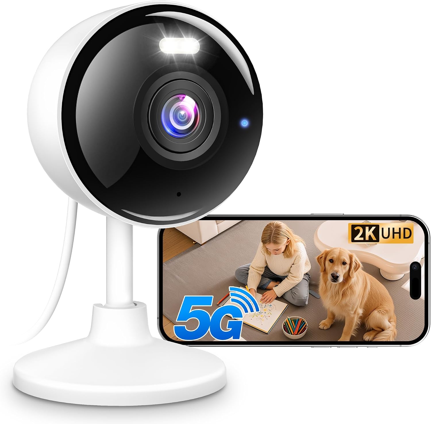 2K Cameras for Home Security, 5G & 2.4G WiFi Security Camera Indoor Outdoor for Baby Pet Dog Cat Nanny, 2-Way Audio, Color Night Vision, Siren, 24/7 Local Recording, IP65, Compatible with Alexa