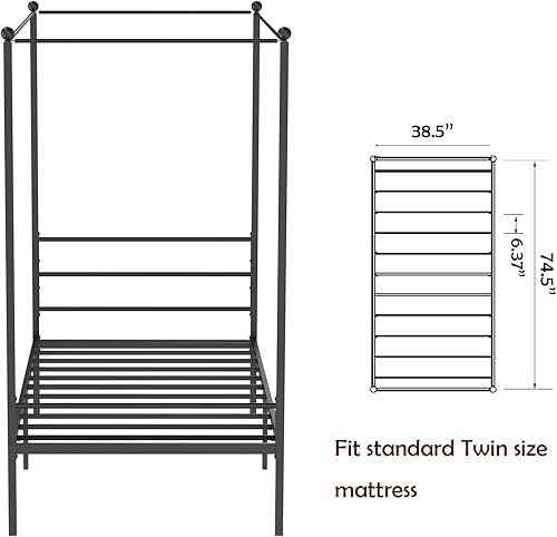 Miniatura 5 de JOM Marco de cama con dosel, tamaño individual, metal negro, 4 pósteres, marco de cama individual, esquina moderna con cabecero para niñas y niños