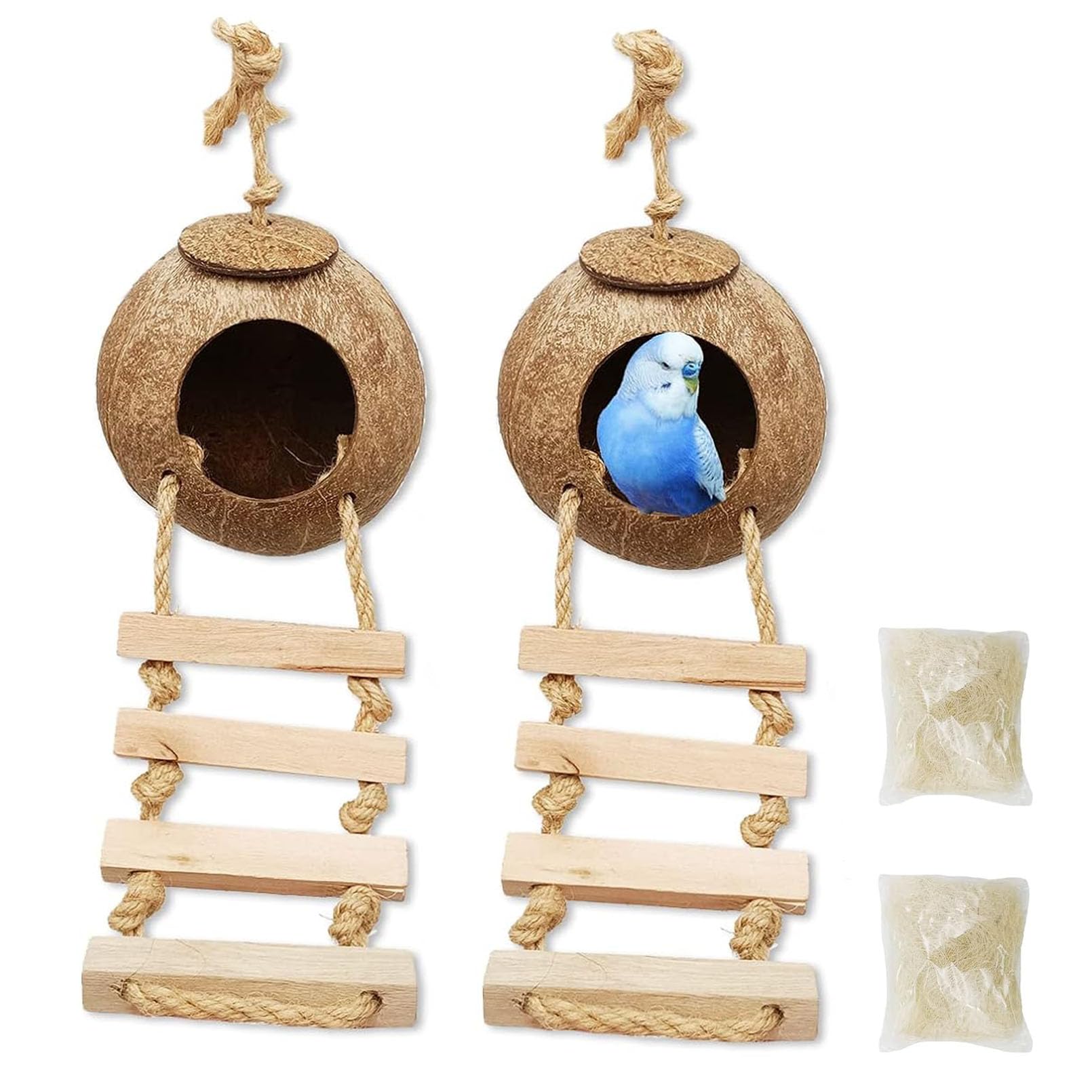 Tfwadmx 4 Pcs Coconut Hide with Ladder, Natural Coconut Fiber Hanging Birdhouse Cage, Coconut Bird Shell Breeding Nest for Parrot Parakeet Lovebird