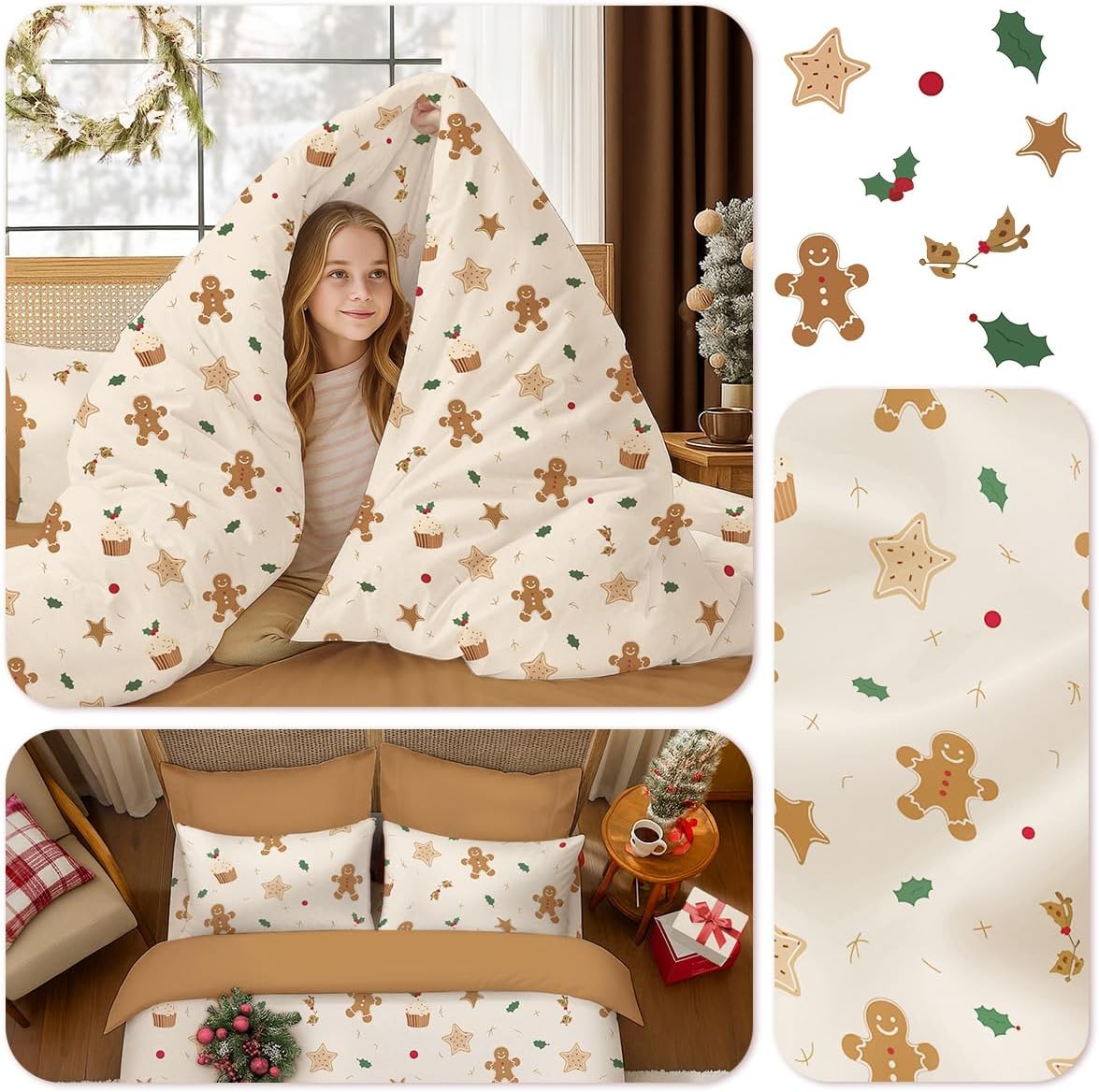 Christmas Duvet Cover Set Queen Size,Beige Cartoon Pattern Christmas Bedding Set for Kids Adults,Soft Brushed Microfiber Comforter Cover Set Includes 1 Duvet Cover and 2 Pillowcases - Image 5