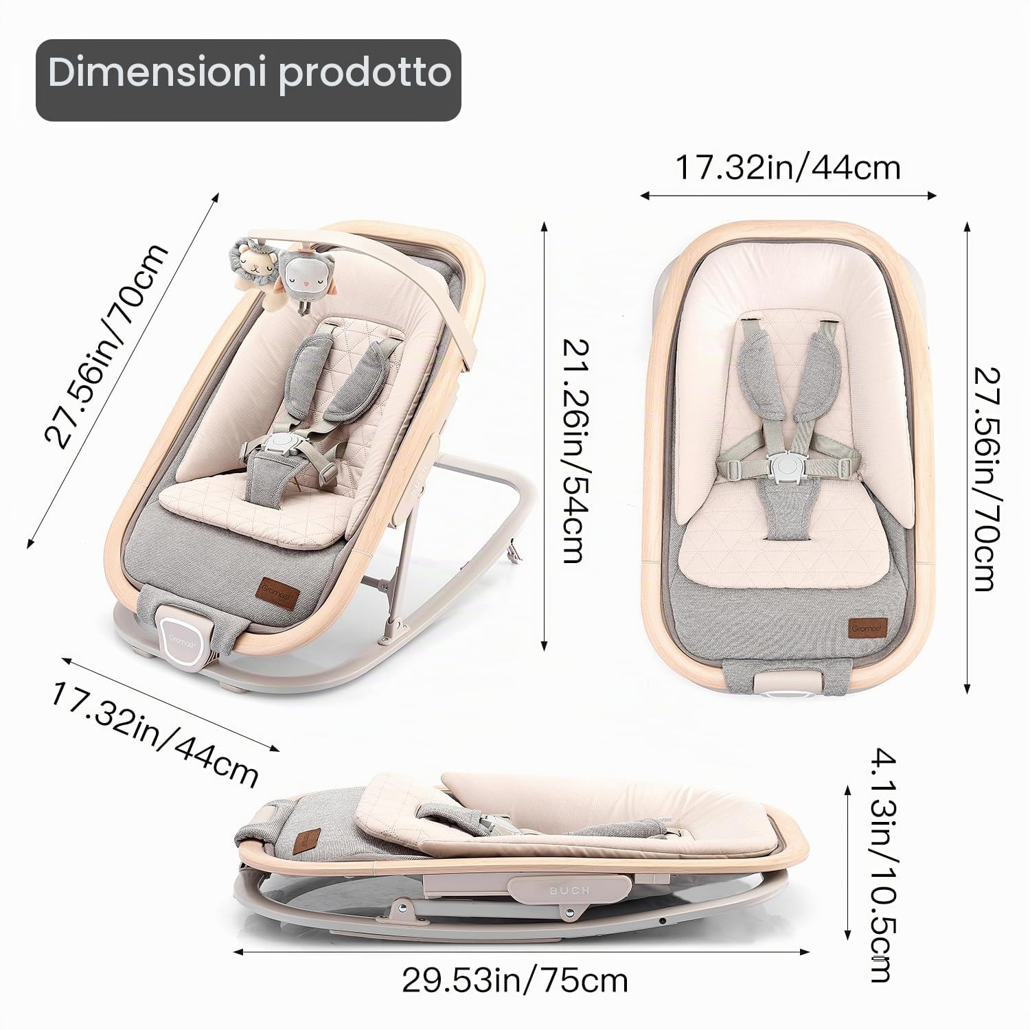 Gromast Sedia a dondolo 2 in 1 per neonati, dondolo portatile con 3 posizioni reclinabili, giocattoli da appendere e borsa da viaggio - Grigio chiaro