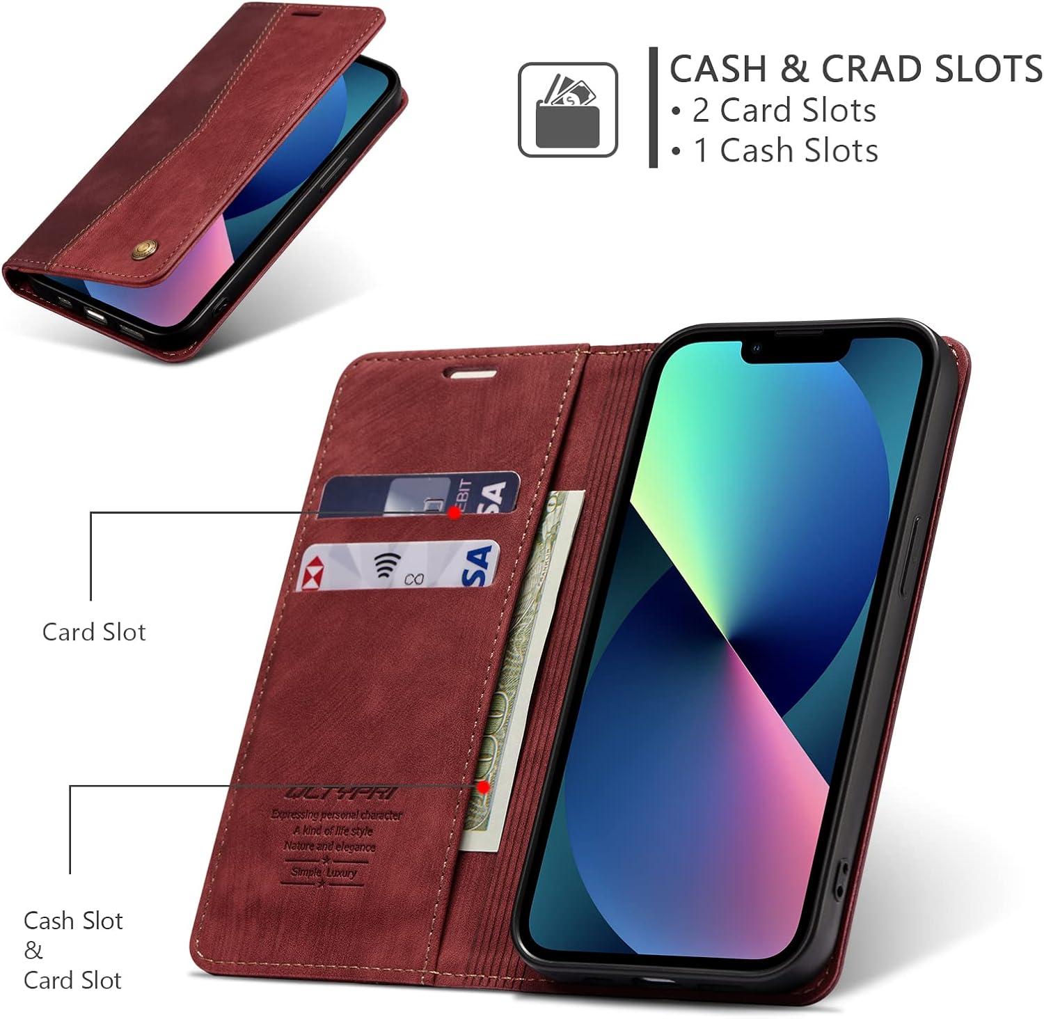 QLTYPRI Wallet Case for iPhone 13 [6.1 Inch], Vintage Folio PU Leather Case with Card Slots Magnetic Closure Kickstand Flip Shockproof Phone Cover for iPhone 13 - Wine Red - Image 2