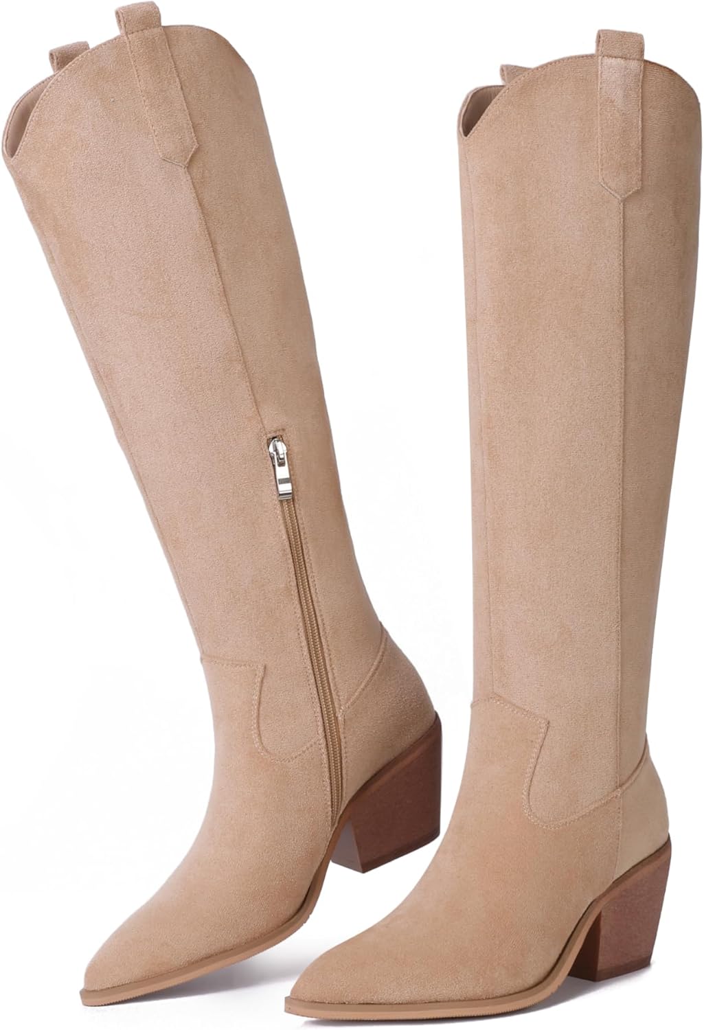 Reitoye Cowboy Boots for Women Embroidery Western Cowgirl Knee High Chunky Heel Boots with Pull-Up Tabs