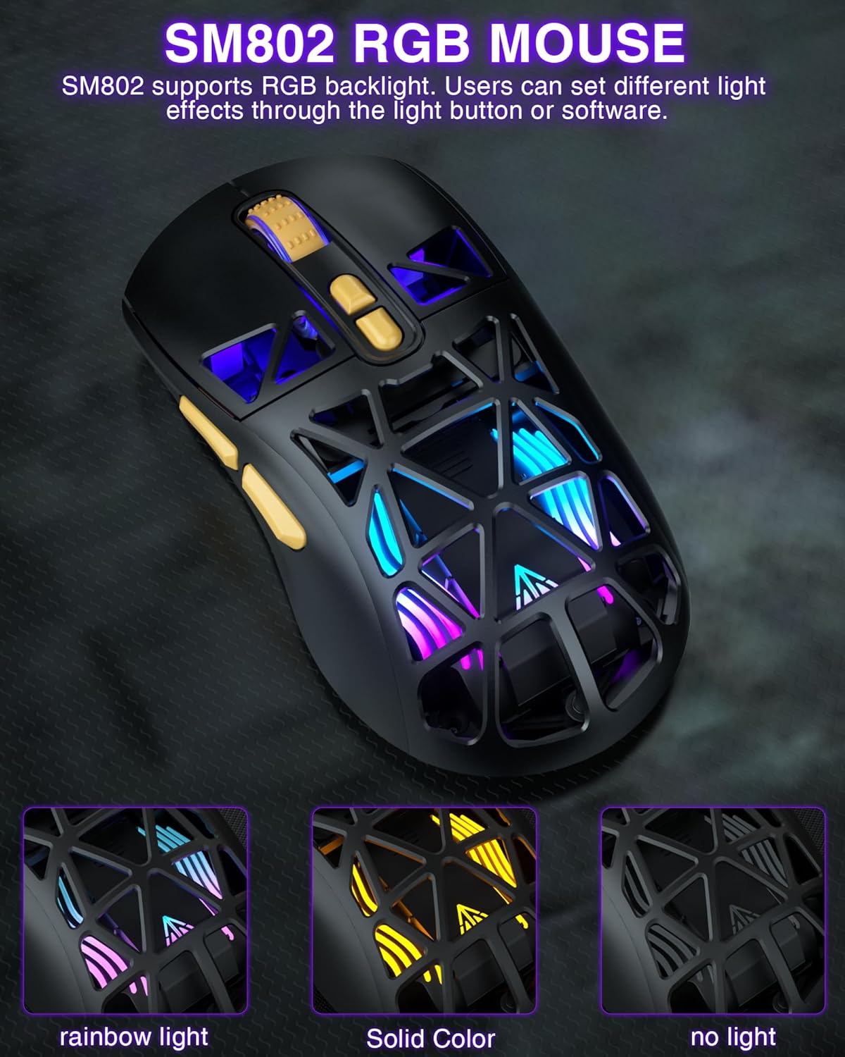Image showing the SOLAKAKA SM802 mouse with its RGB lighting active, and details about its adjustable DPI and rechargeable battery.