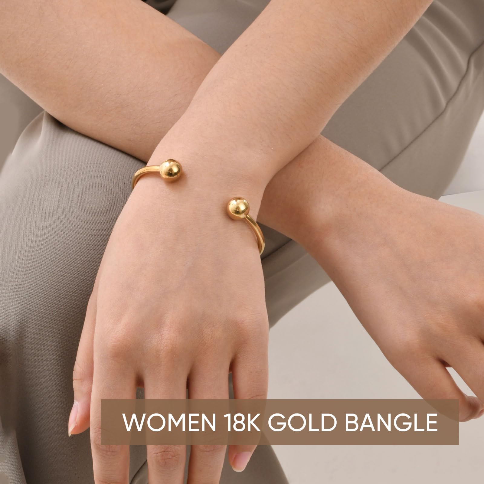 Joyería chapada en oro de acero inoxidable pulido simple brazalete brazalete abierto extremos bola brazalete para mujer 3
