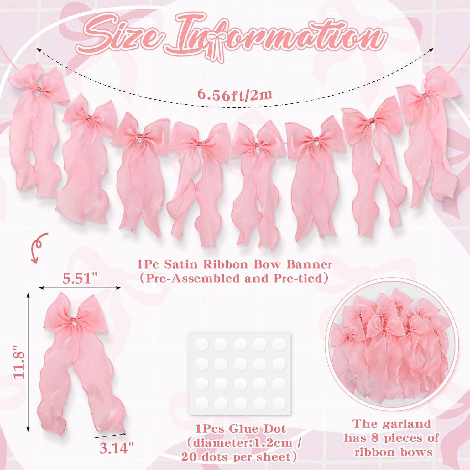 Pink Ribbon Bow Garland Banner, Pink Bow Party Decortions, Women Girls Bow Birthday Decorations, Baby Shower Decor, Tying The Knot Bridal Shower Bachelorette Party Supplies - Image 2