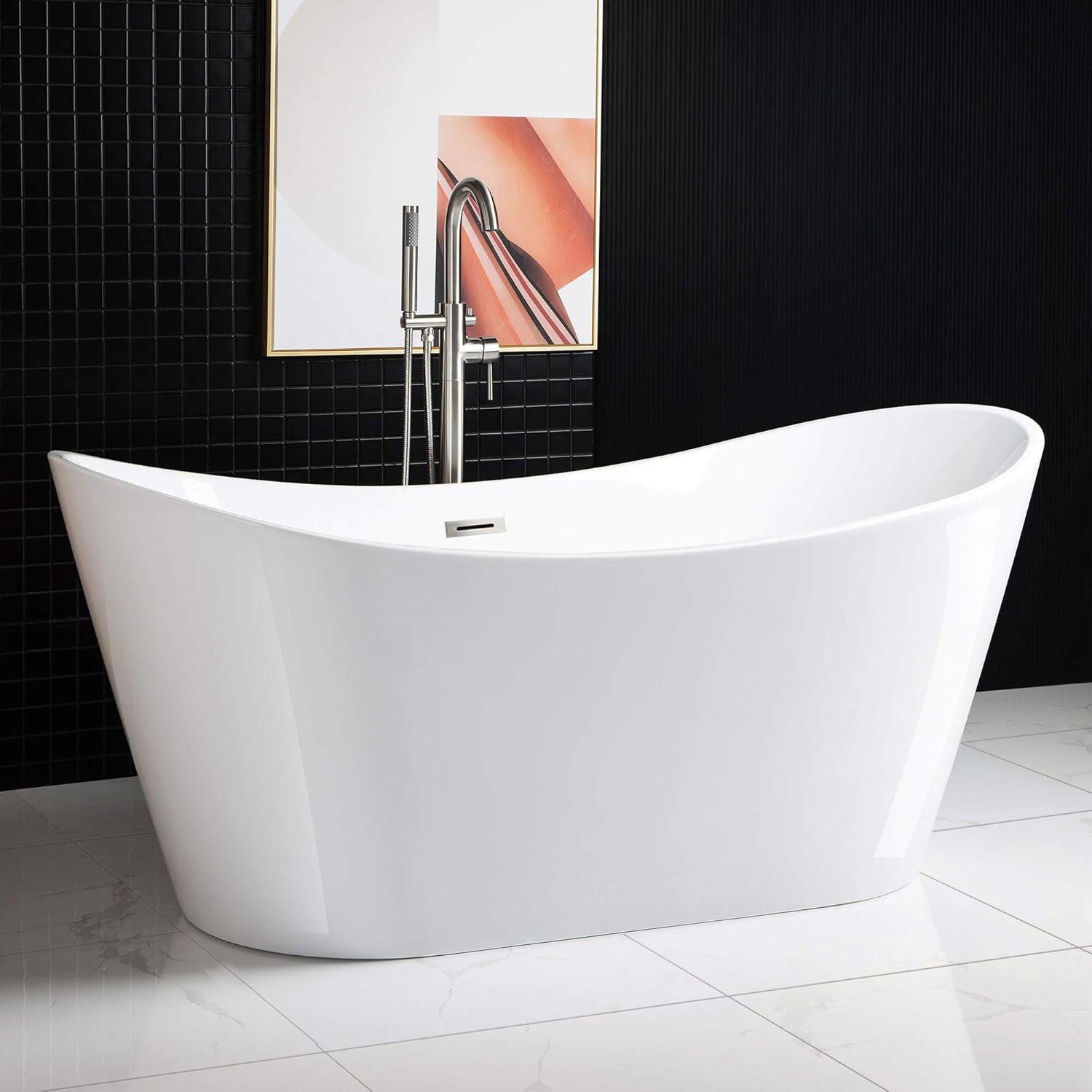 WOODBRIDGE 67" Acrylic Freestanding Bathtub Contemporary Soaking White Tub with Brushed Nickel Overflow and Drain，BTA1515-B-Drain&O