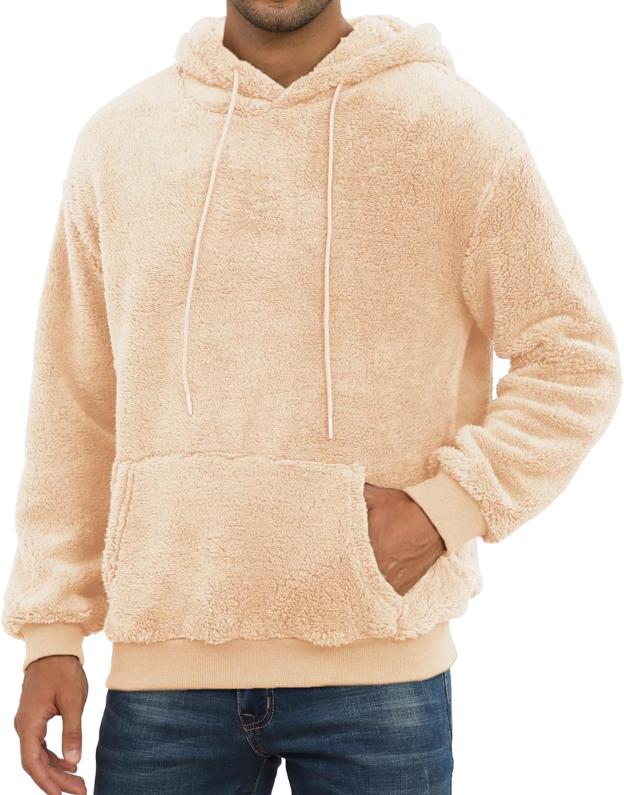 PEGENO Mens Fuzzy Sherpa Hoodie Pullover Sweatshirts Loose Cozy Pocket Long Sleeve Winter Hooded Outwear