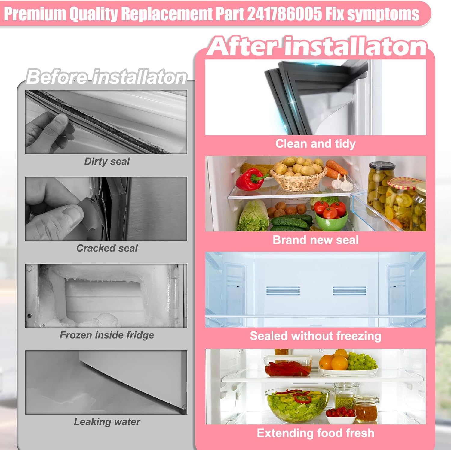 LXun Upgraded 241786013 241786005 Refrigerator Door Gasket Compatible with Kenmore Frigidaire Refrigerator Freezer Door Seal Parts Replaces 240390605 5304439527 5304439531 241569801 241569805 -Black