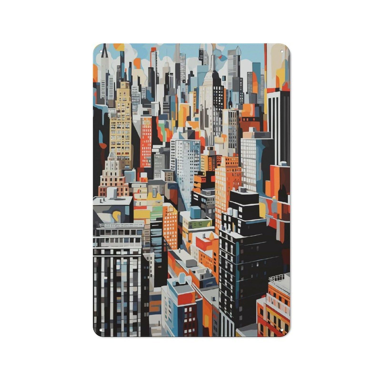 Junmoney New York Skyline Decorative Tin Sign With Design 30X20cm, Nostalgic Old Style Wall Plaque For Living Room, Hallway, Kitchen Or Cafe