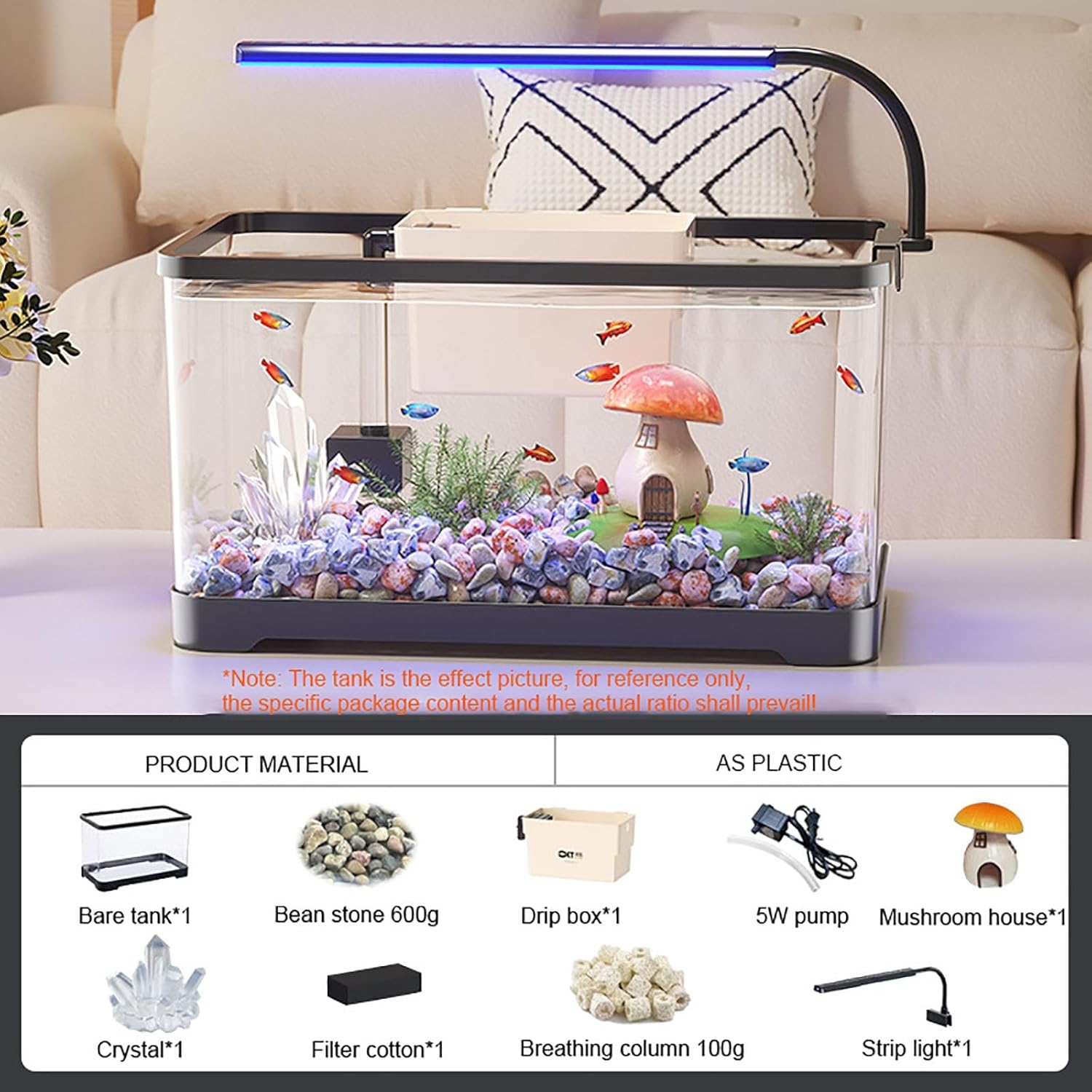 Fish Tank Night Light, Arcrylic Fish Tank with Led Lights & Water Pump, Aquarium Starter Kit for Betta, Goldfish, Shrimps(S)