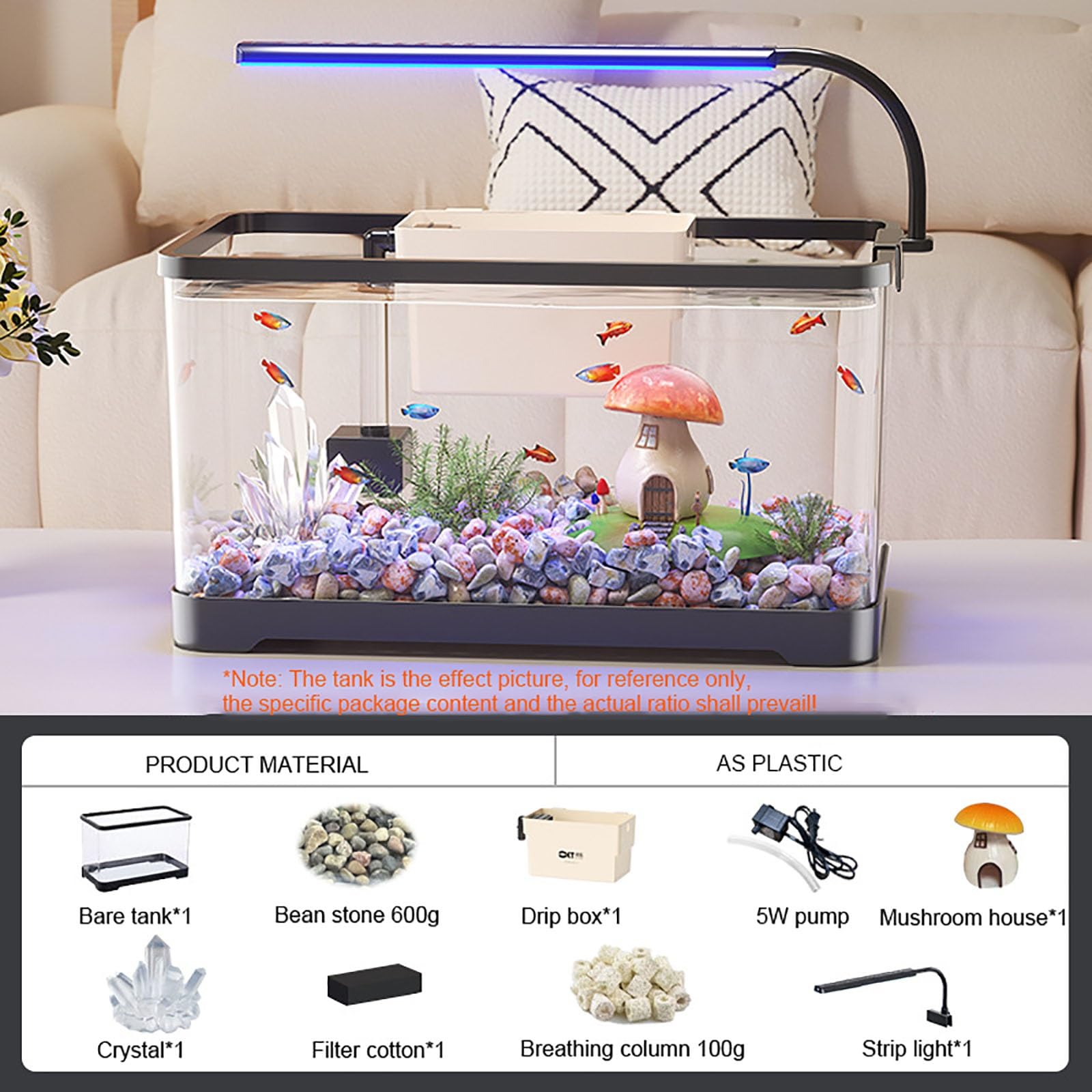Kit Complet D'aquarium De Bureau, Kit Complet avec Lampes LED, Pompe À Air, Système De Filtration pour Crevettes Poissons Rouges Tortues(L)
