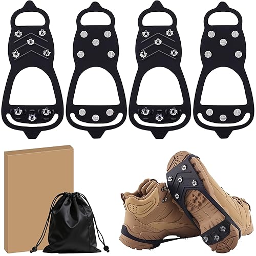 2 Pairs Ice Cleats for Shoes and Boots, Universal Non Slip Hiking Spikes, Micro Shoe Spikes for Snow and Ice, Durable Snow Crampons for Winter Hiking Climbing Ice Fishing, 8 Steel Studs Gripper Spike - M: Women (7-10) / Men (5.5-8.5)