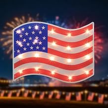 LAMPHOME 17.3" Lighted Holographic American Flag Window Silhouette, 78.7" Lead Wire Patriotic Decoration with Suction Cup for 4th of July, Indoor Outdoor Decor