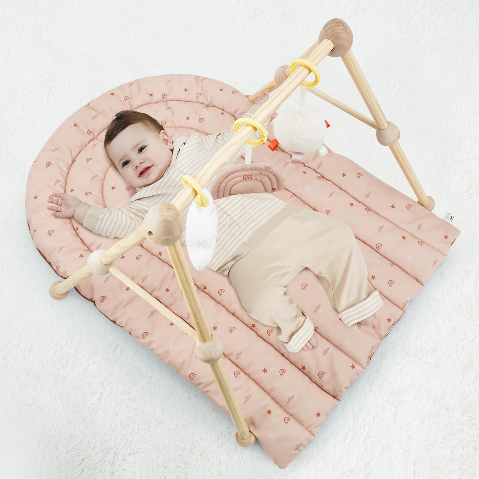 4 IN 1 Palestrina per Neonati, Tappeto di Gioco con Legno Naturale, 3 Giochi Rimuovibili da Afferrare, Montessori per 0-3-6-12-36 Mesi, Marrone-Arcobaleno